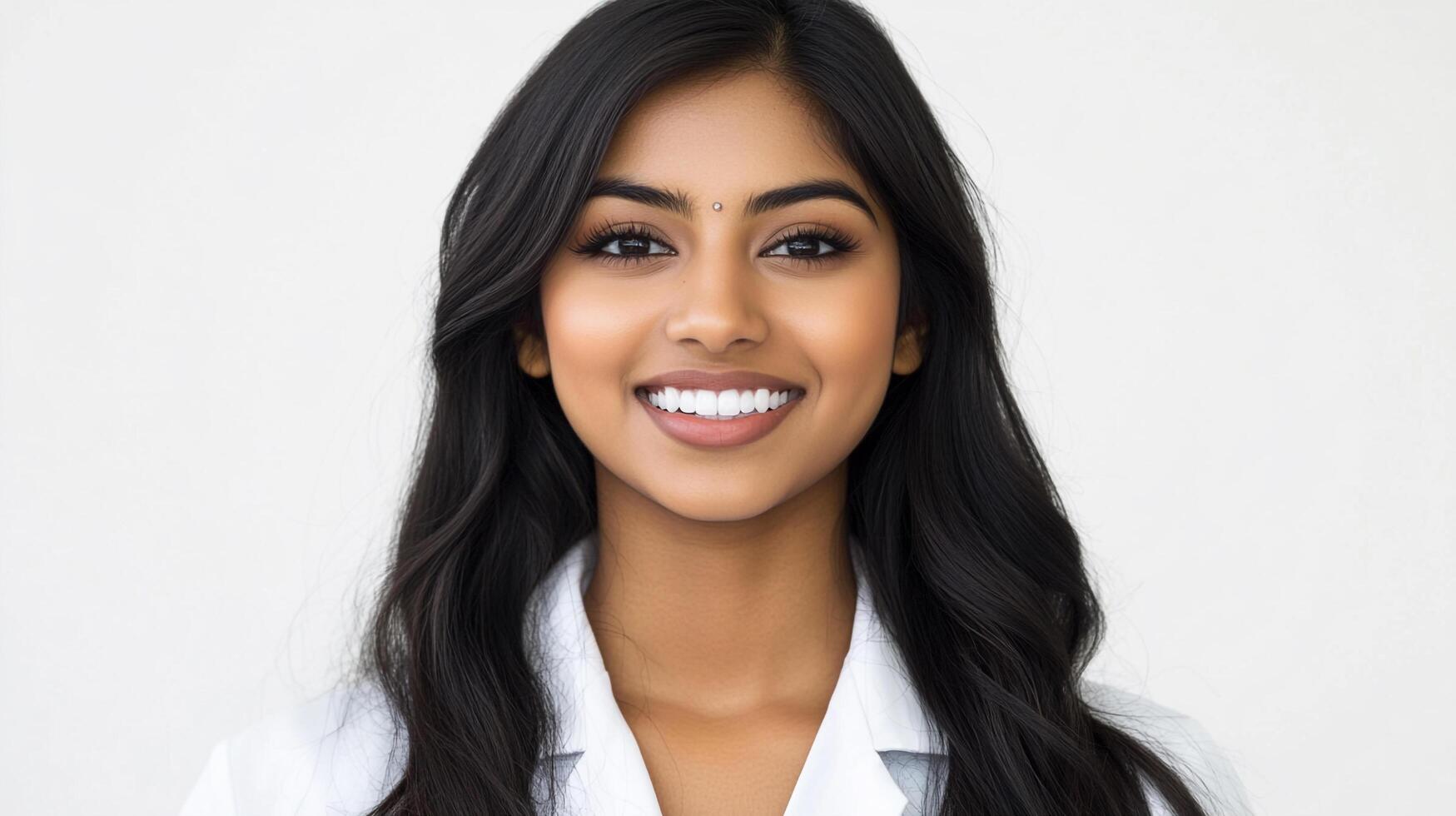 Portrait of a beautiful woman with dark hair and a white coat, smiling against a plain backdrop. Radiant skin and warm expression. photo