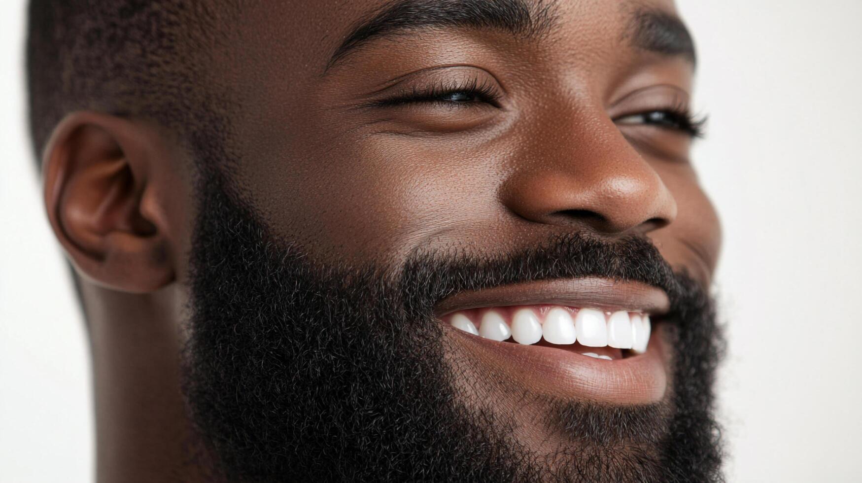 Radiant smile of a confident Black man, showcasing health and joy with a positive expression. Close-up capturing genuine happiness. photo