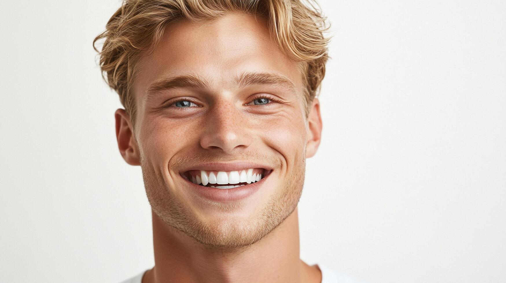 Smiling man with blonde hair and freckles showing off his white teeth. He is standing in front of a plain, light background photo