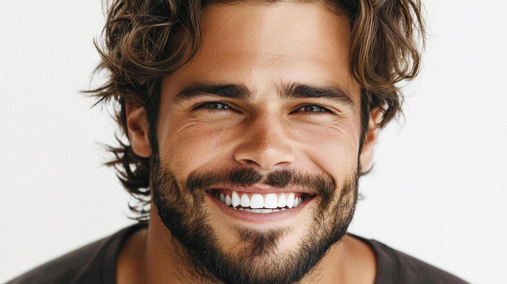 Close-up portrait of a smiling man with a beard, showcasing healthy teeth and a joyful expression against a plain background. photo