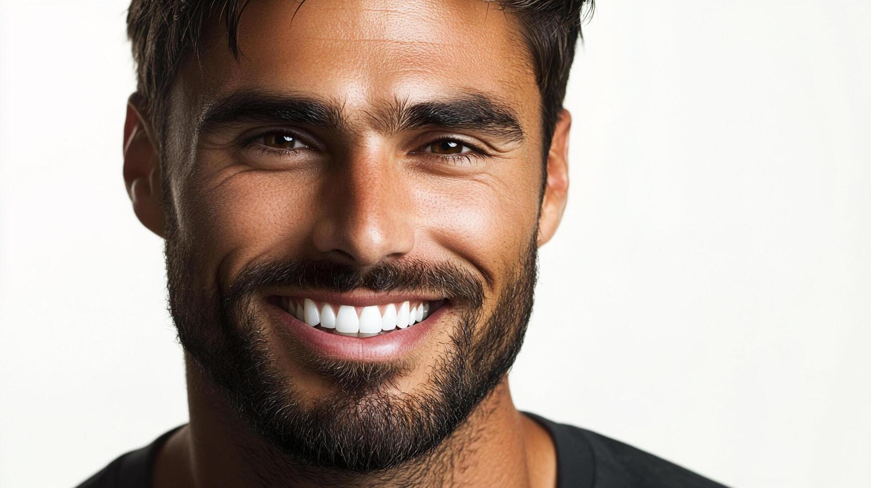 Handsome man with a confident smile, showcasing his healthy teeth and well-groomed beard against a bright white background. photo