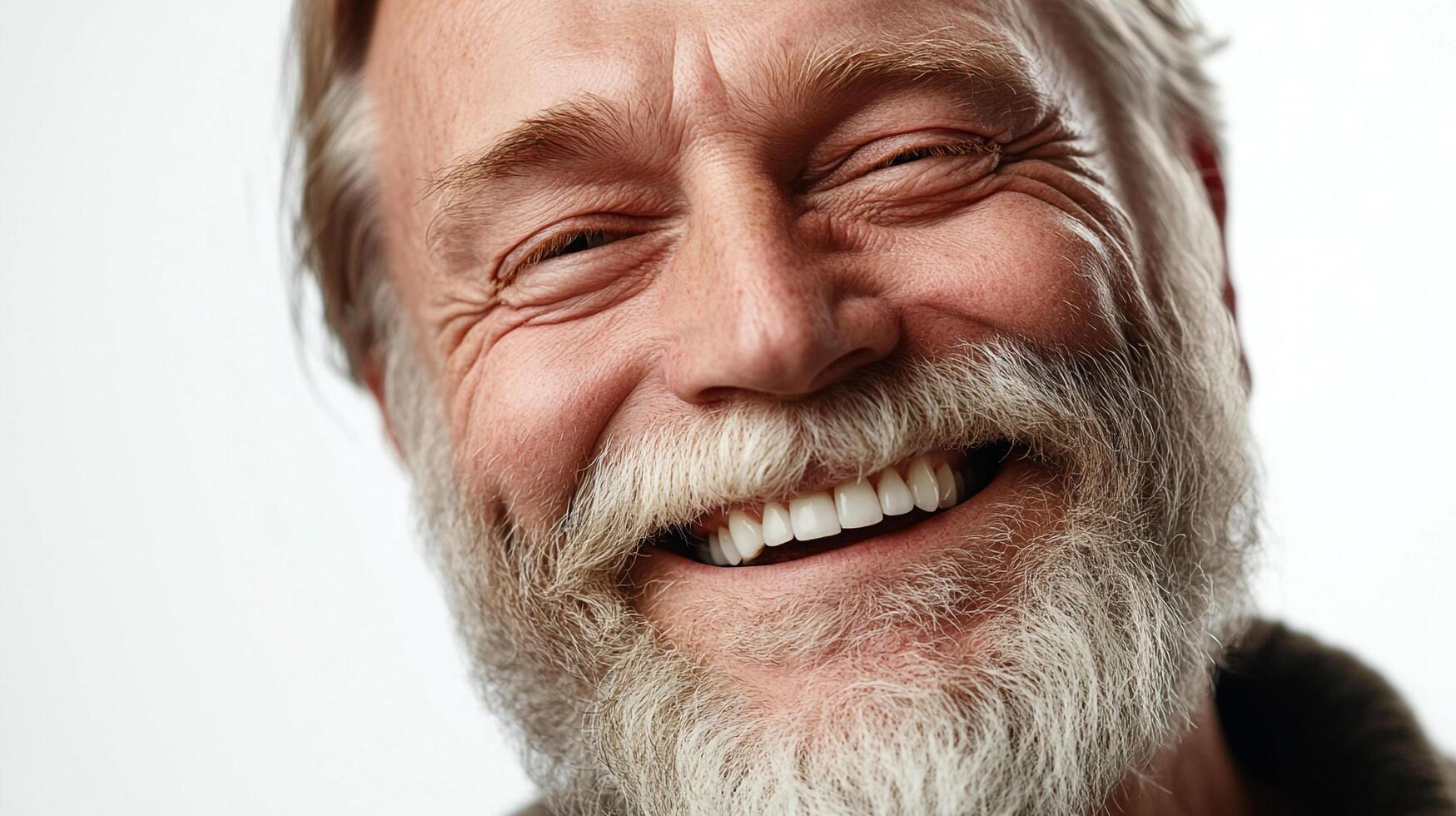 Close-up of a happy, mature man with a full, gray beard and a bright smile. He has wrinkles around his eyes, conveying joy and experience. photo