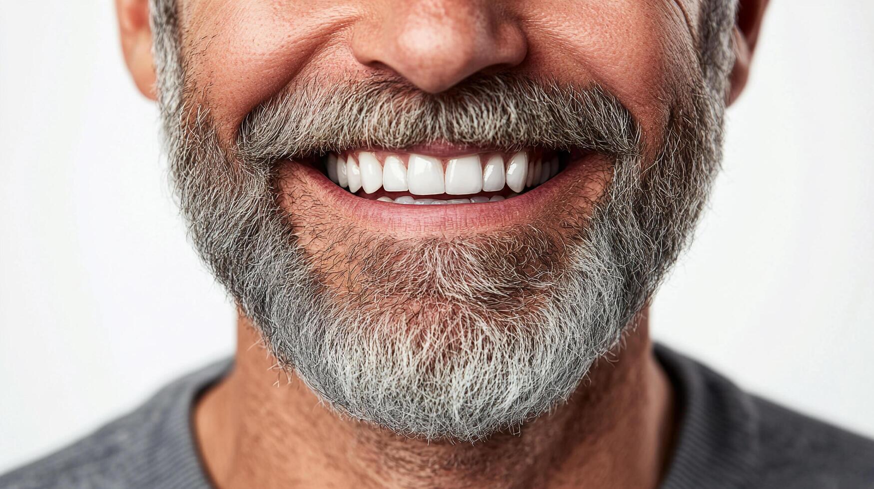Close-up of a mature man smiling, showcasing well-maintained teeth and a neatly trimmed grey beard against a simple light background. photo