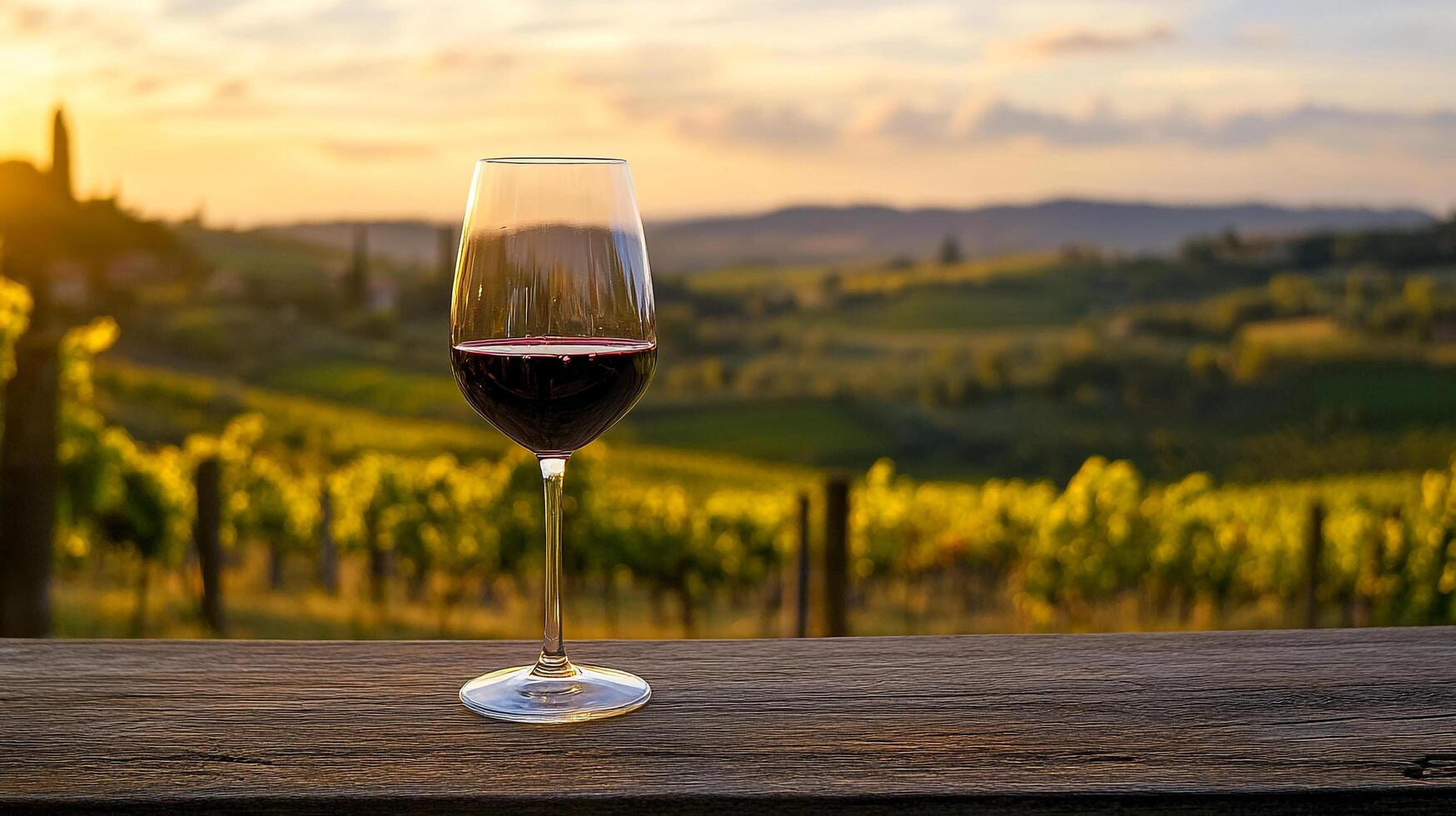 Glass of red wine enjoys golden hour view overlooking vineyard. Romantic setting to savor the flavor of the wine in a perfect evening. photo