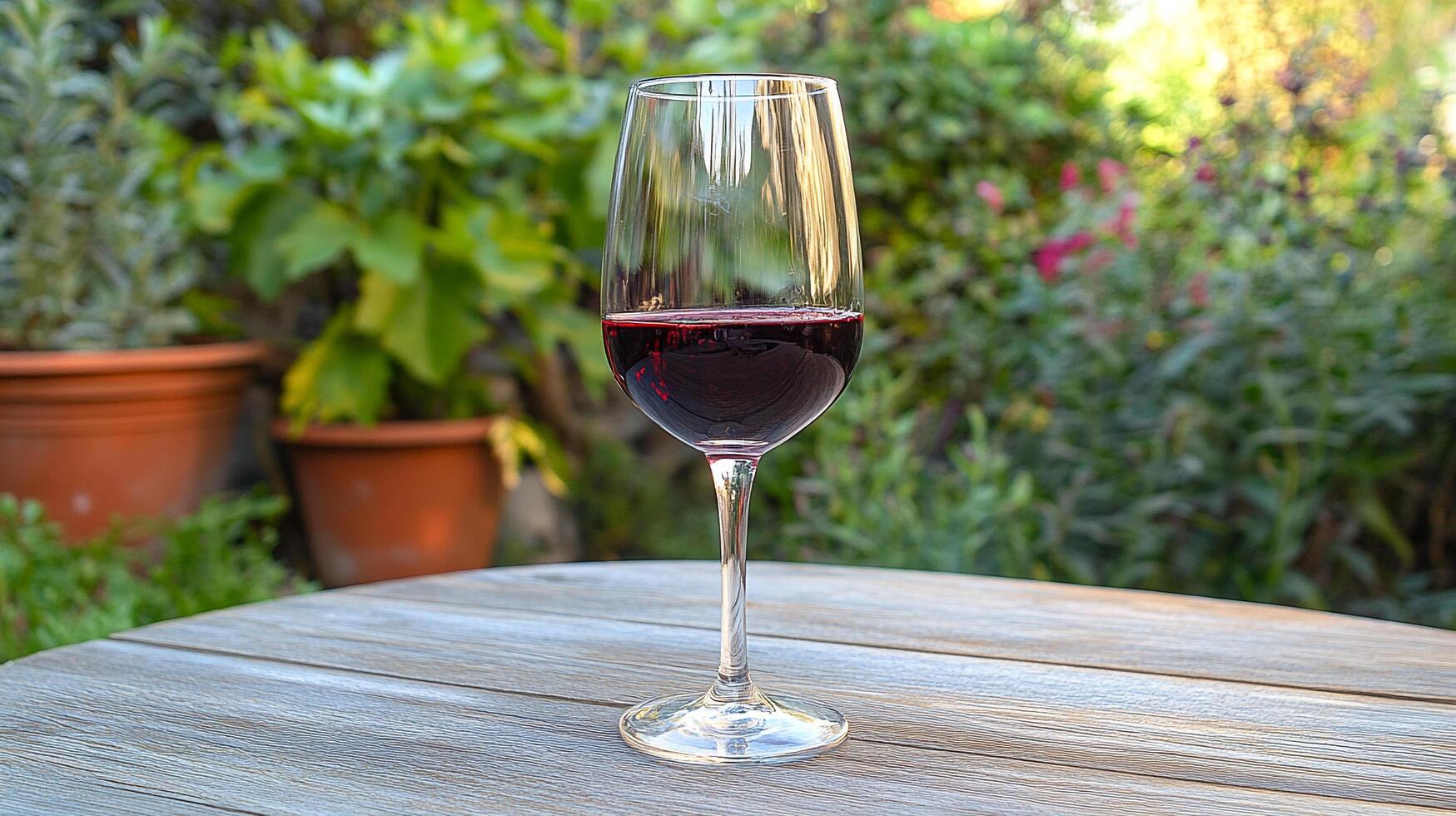 A glass of red liquid on a wooden table, surrounded by lush greenery, bathed in soft sunlight, creating a serene, natural setting. photo