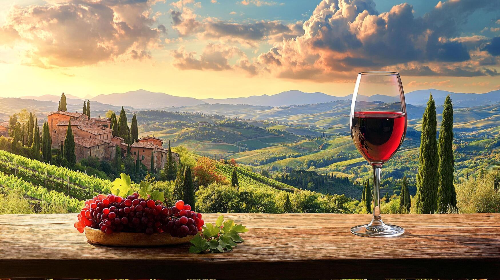 Scenic view of rolling hills with a glass of red wine and grapes on a wooden table, capturing the essence of vineyard lifestyle. photo