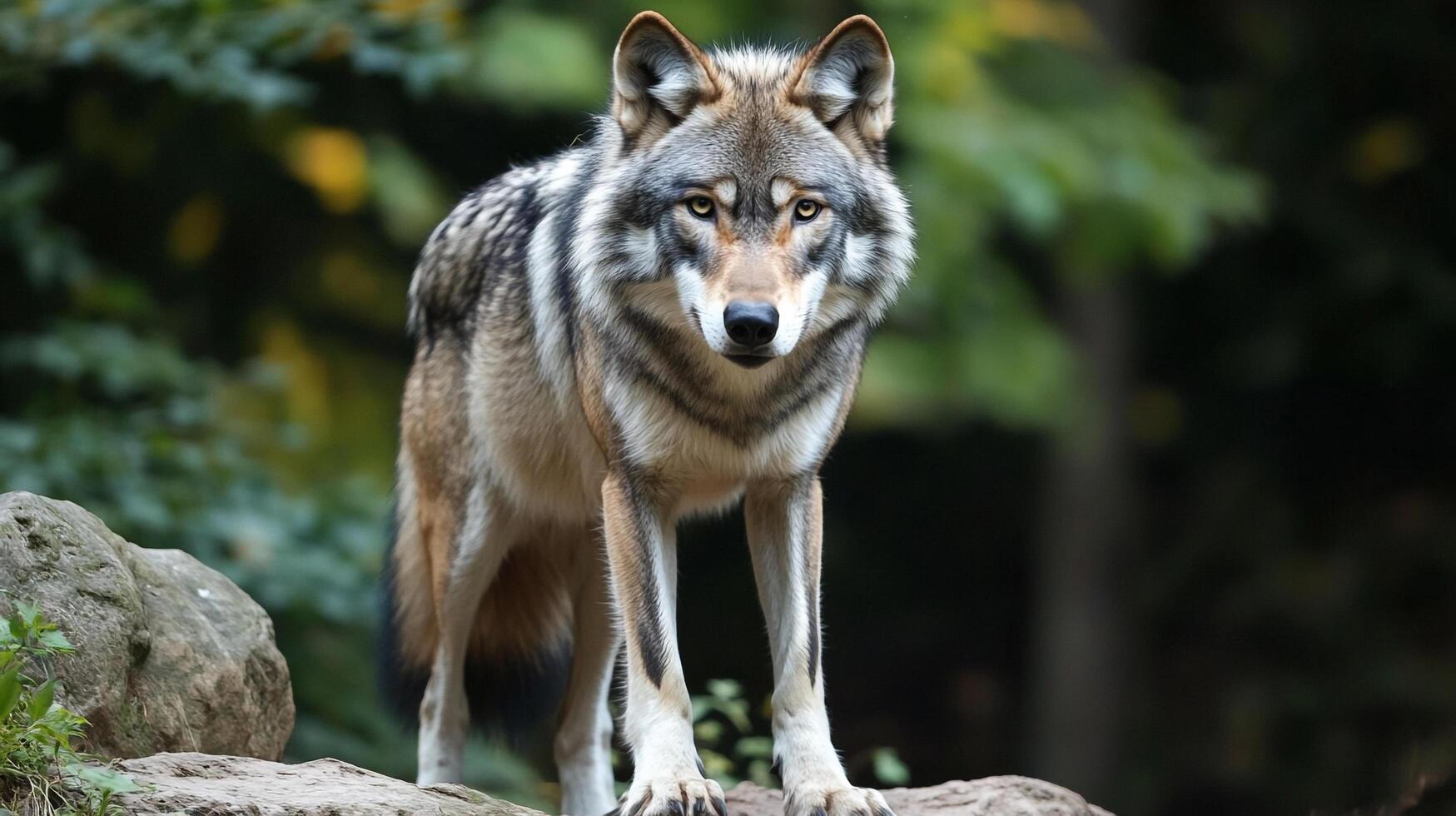 A grey wolf standing alert and watchful on a rocky outcropping, its keen gaze focused ahead in the verdant forest. Wild and free. photo