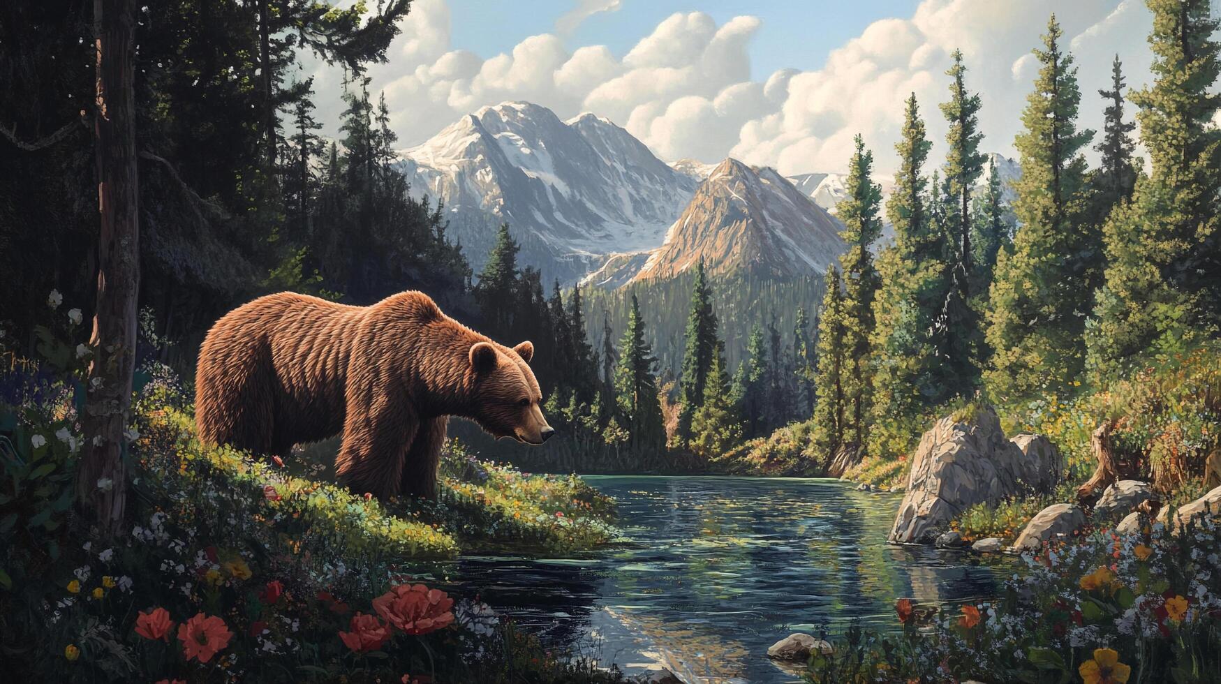 A brown bear by a calm lake surrounded by a flower meadow, against a backdrop of forest and majestic snow-capped mountains. photo