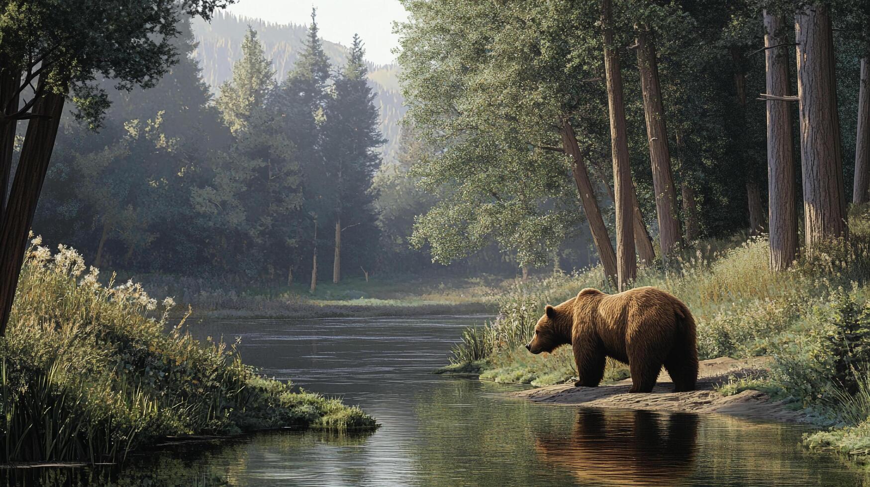 Majestic brown bear beside a serene river surrounded by lush greenery and tall trees, embodying nature's raw beauty and tranquility. photo
