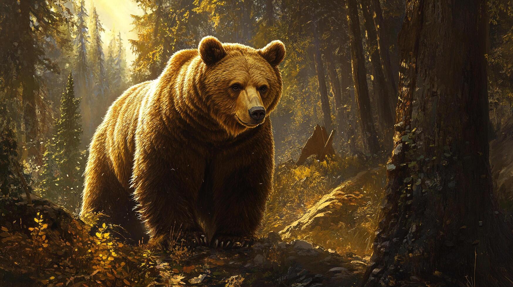 A golden-brown bear stands in the middle of the forest with sunlight filtering through the trees, creating a majestic and peaceful scene. photo