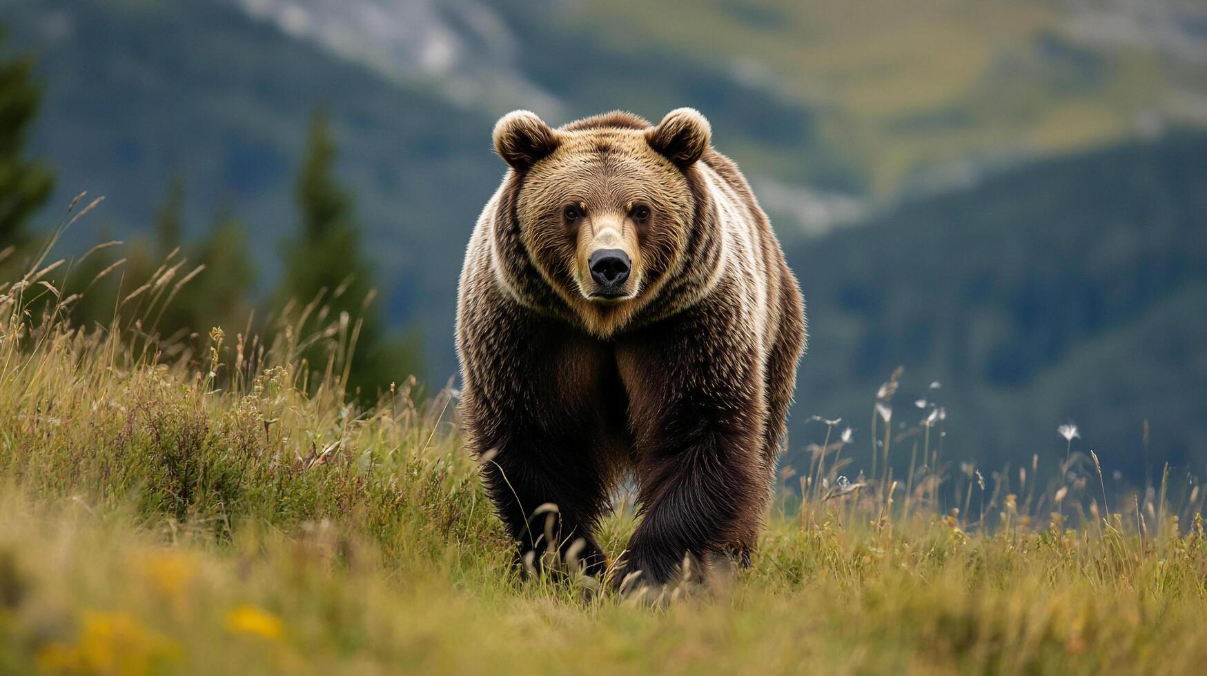 Majestic bear saunters through meadow, its gaze intense, blending power with serene nature. An encounter captured. photo