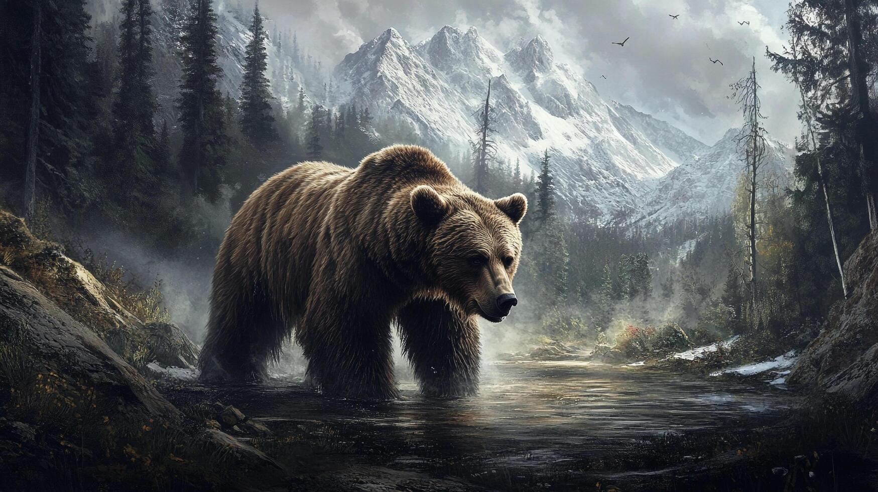 Grizzly bear wading through a misty mountain stream, against a backdrop of snow-capped peaks and dense forest in a wild and scenic nature. photo