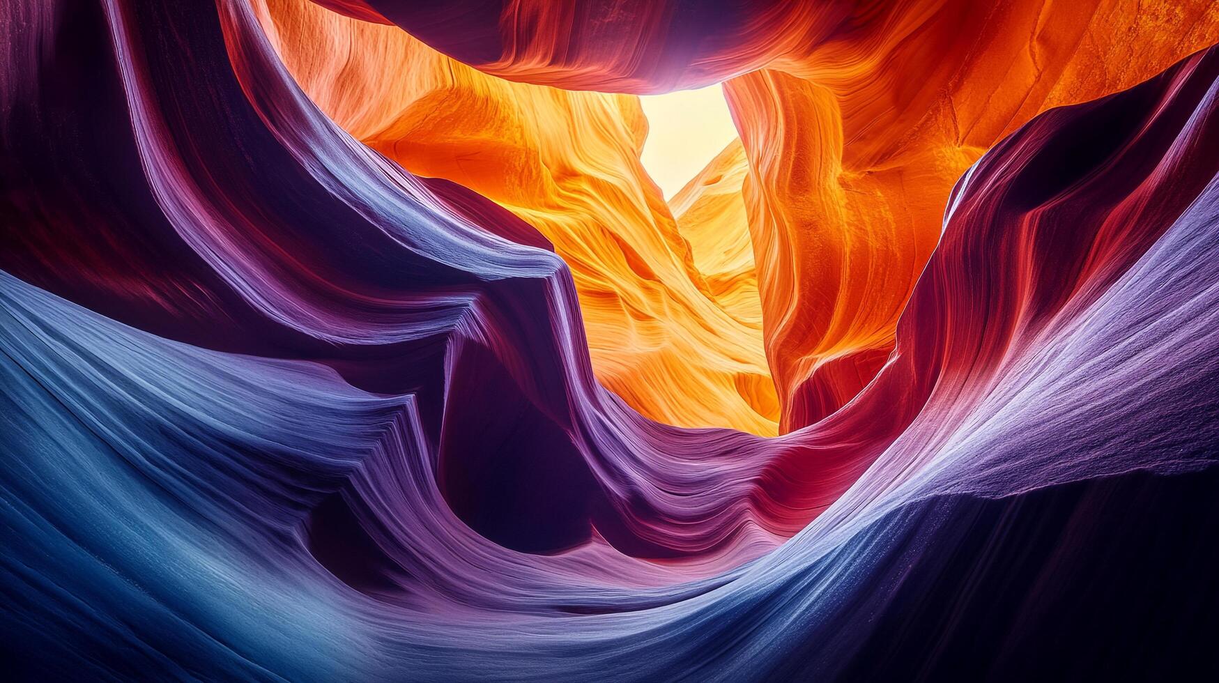 Abstract sand formations of a canyon. The stone walls curve and wind, lit by sunlight in shades of orange, purple, and blue. photo