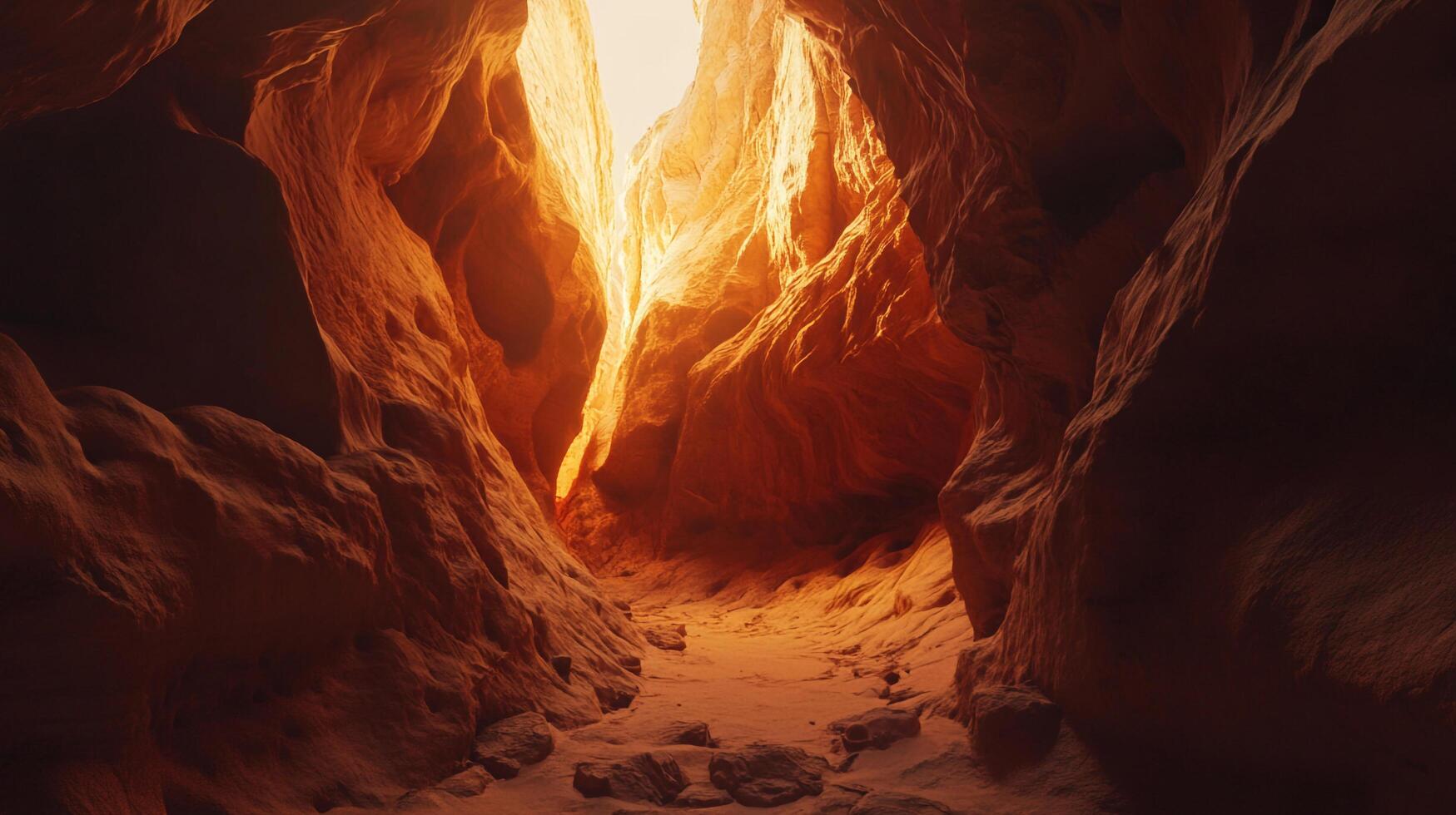 Dramatic canyon passage with textured red rock formations and soft light filtering from above, creating a serene yet impressive scene. photo