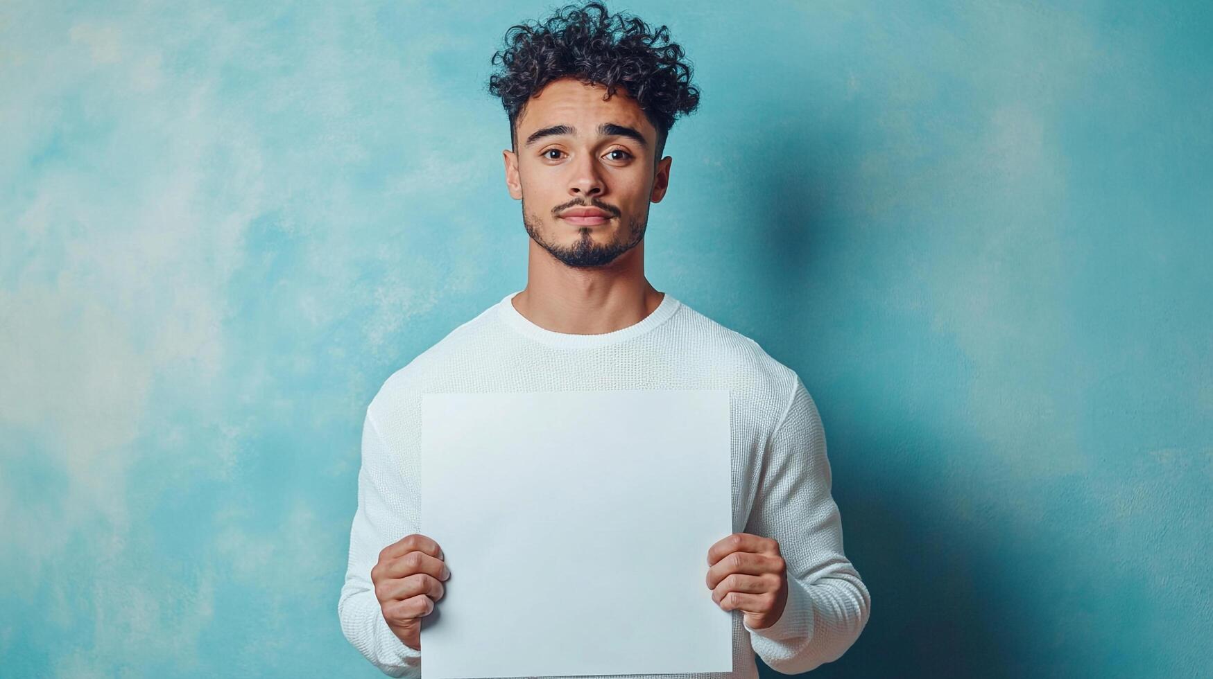 Person holding blank white paper against textured turquoise background looking at the camera with a serious expression. photo