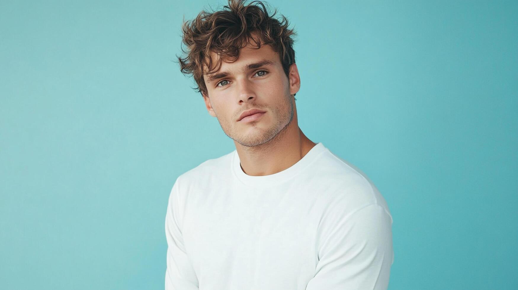 Portrait of a handsome young man with curly hair and a white shirt against a light blue background looking calmly at the camera. photo
