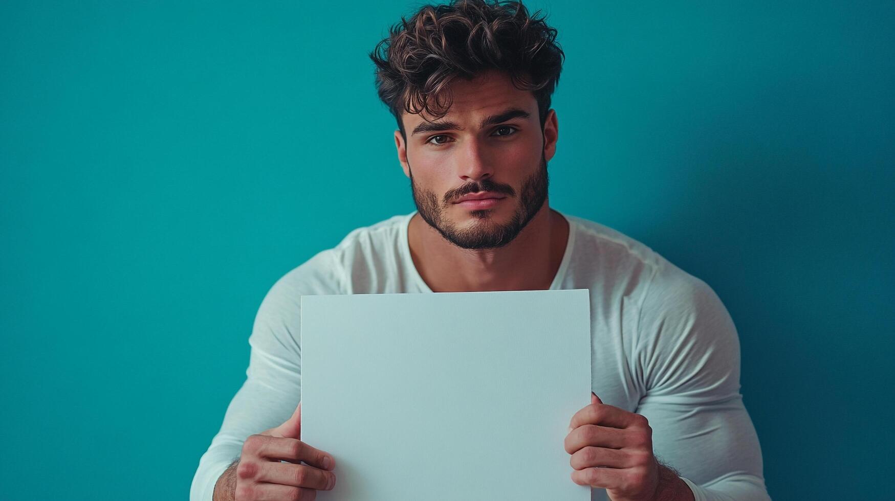 A handsome man holds a blank white sign against a vibrant teal background, offering creative potential for messages or design. photo