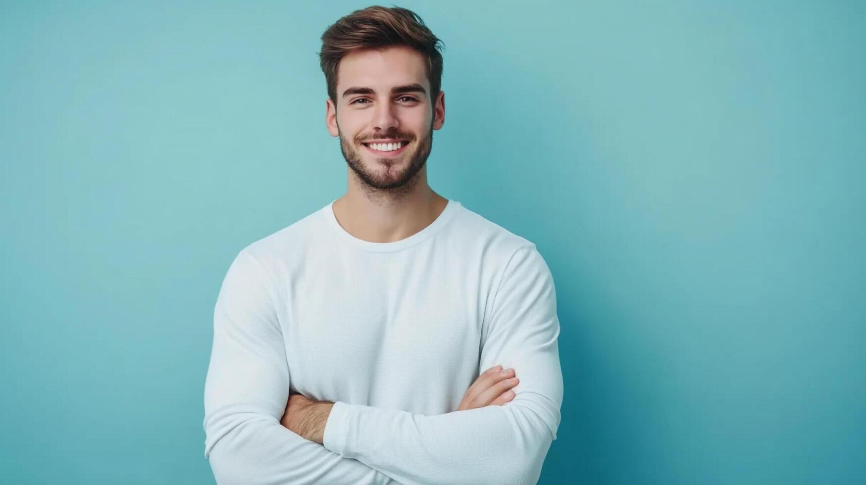 Confident man with a warm smile in a plain white shirt, posing with his arms crossed against a simple backdrop in light blue photo