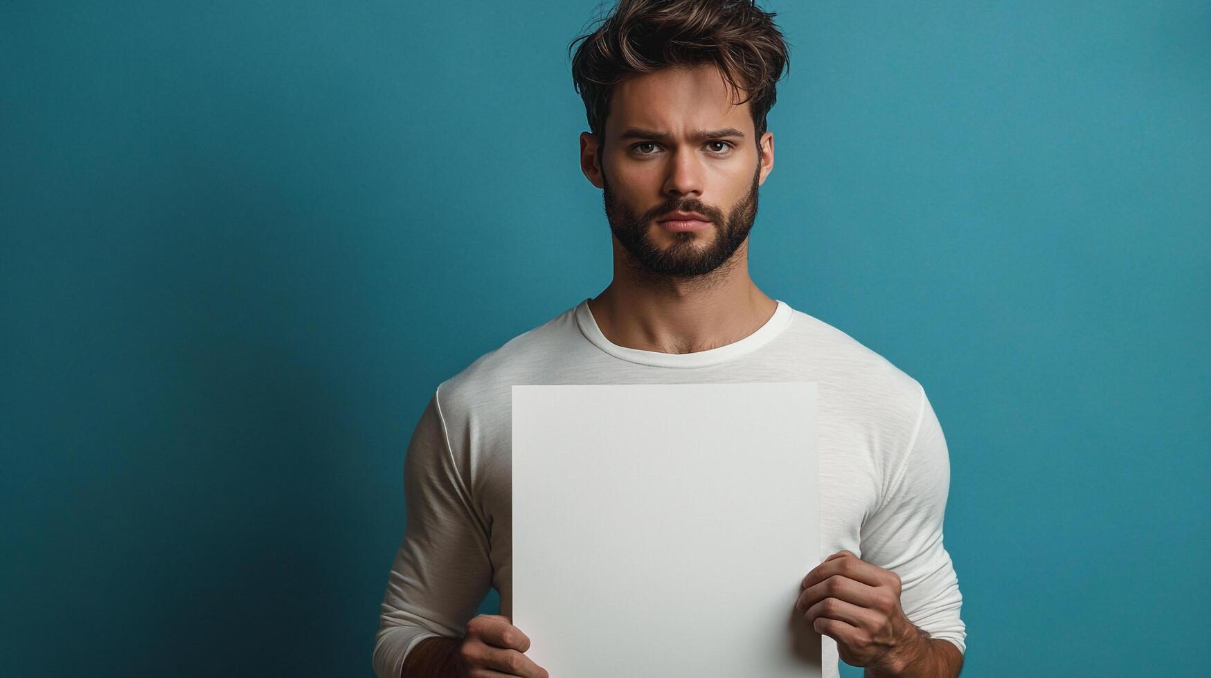 A handsome man with a beard holding a blank white sign in front of a blue background. Perfect for advertising and announcement concepts. photo