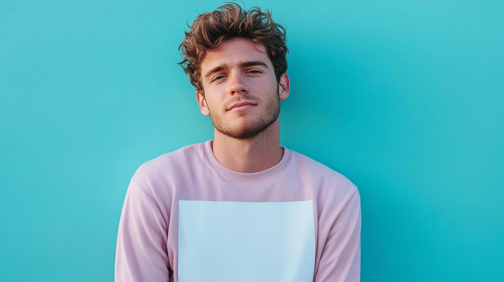 Portrait of a young man with tousled hair, posing against a bright blue wall, wearing a stylish long-sleeved shirt. Modern fashion portrait. photo