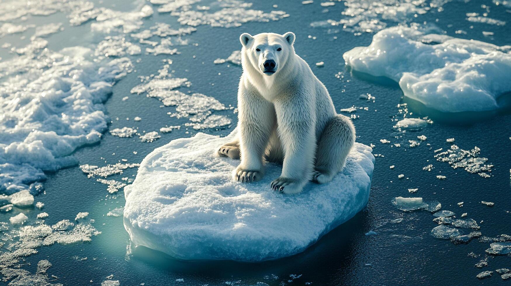 Polar bear on a melting ice floe, a symbol of climate change's impact on Arctic wildlife, emphasizing conservation and urgent action. photo