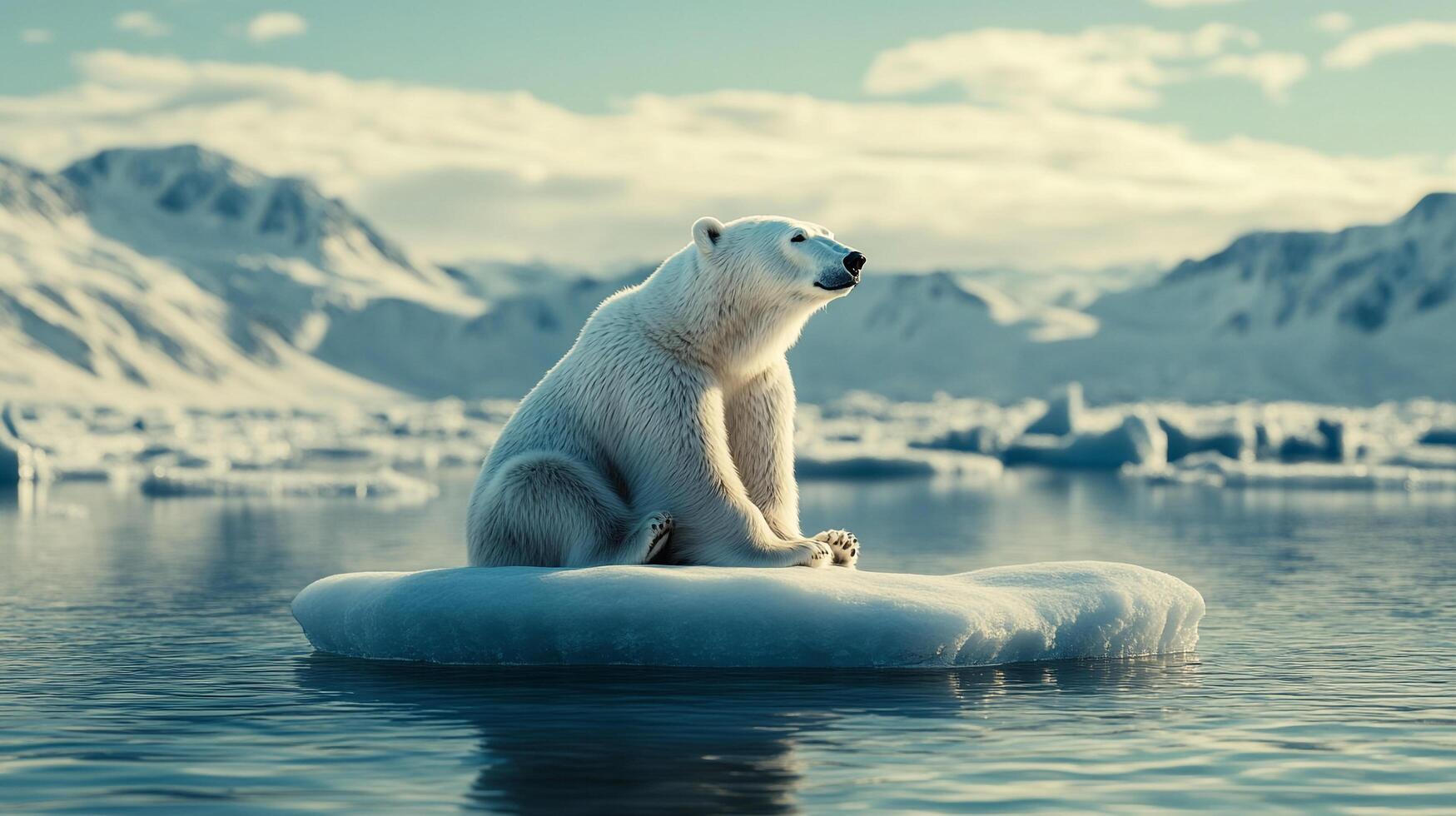 Polar bear perched on melting ice, a stark emblem of climate change in a frigid landscape, highlighting the vulnerability of arctic wildlife. photo