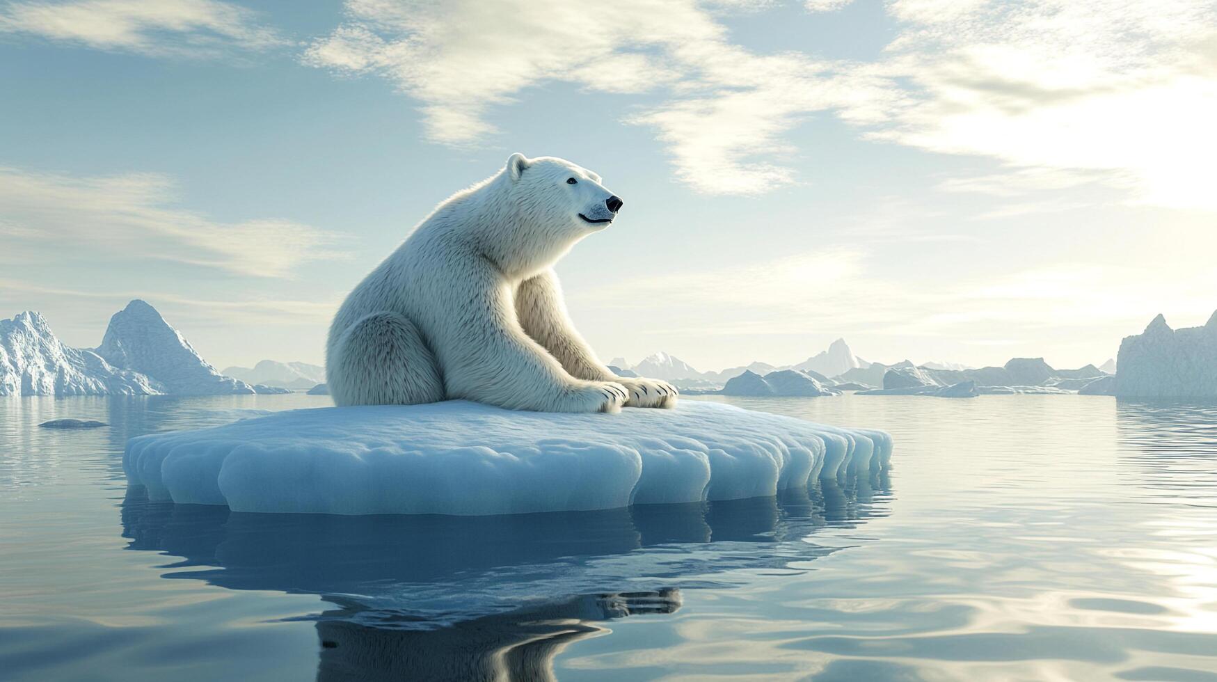 Polar bear on a small iceberg surrounded by water, gazing out against a backdrop of icebergs, sea, and a partly cloudy sky. photo