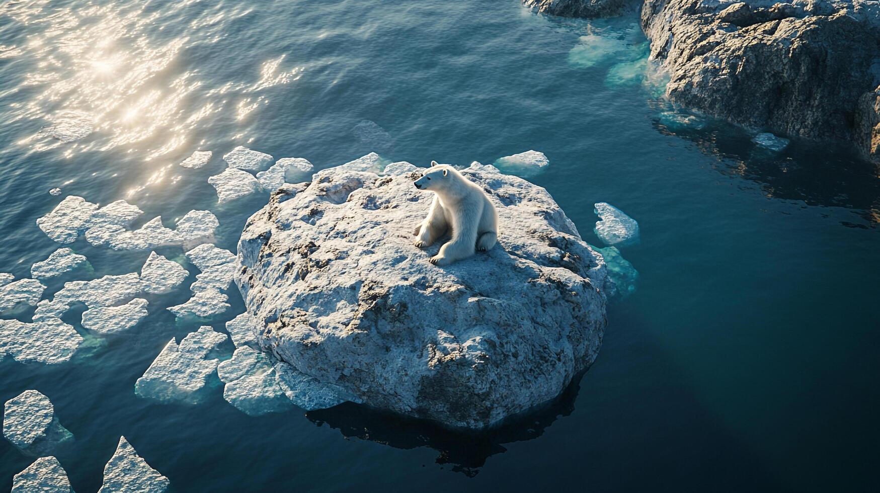 A lone polar bear perches on a rock amidst icy waters, a stark reminder of climate change and habitat loss in the Arctic. photo