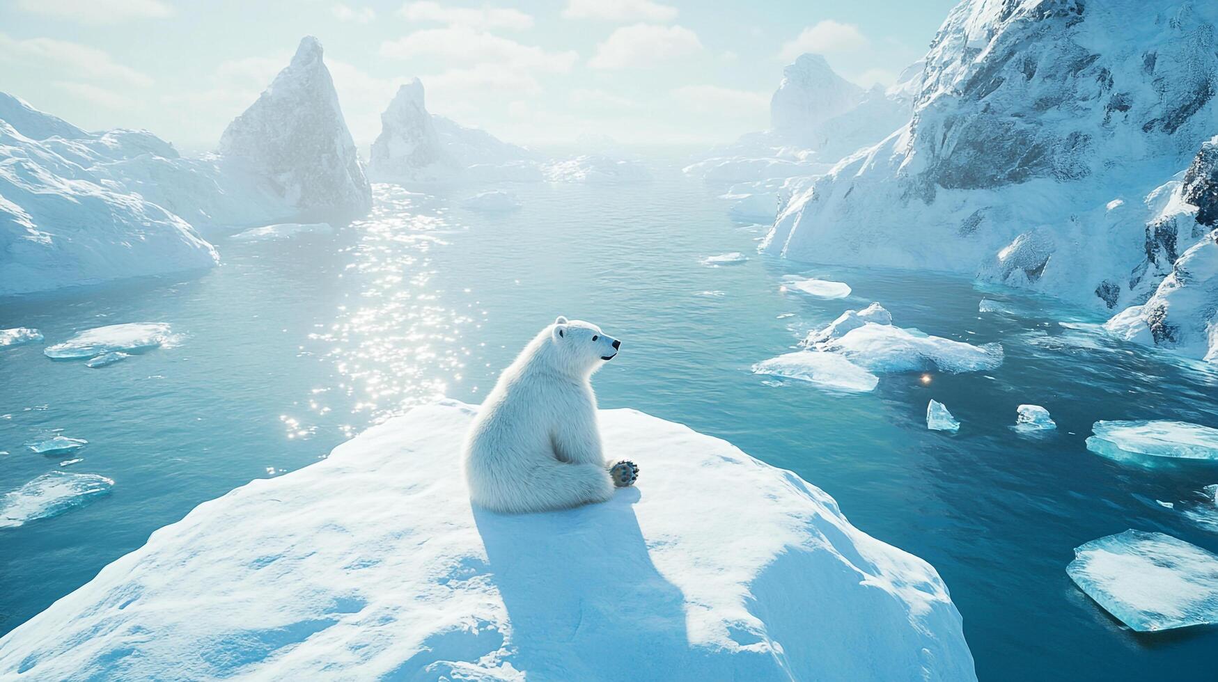 A lone polar bear rests atop an icy peak, the vast expanse of the Arctic Ocean stretching behind, a poignant reminder of the fragility of the north. photo
