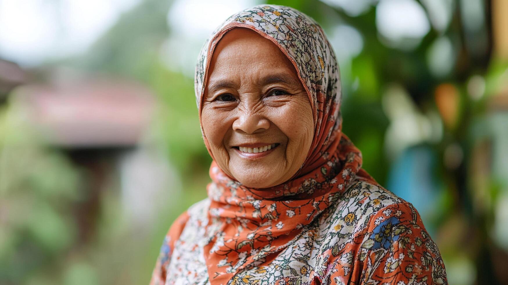 Smiling Muslim woman radiating warmth and joy in a colorful patterned headscarf, her cheerful expression reflecting inner peace. photo