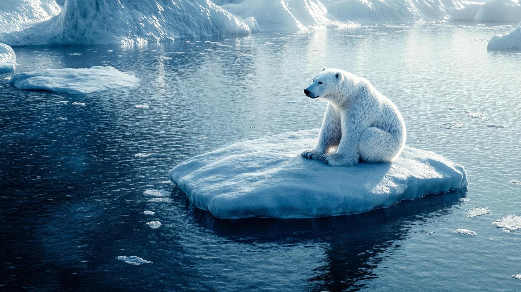 Polar bear stranded on melting iceberg. A symbol of climate change and its impact on Arctic wildlife. Vulnerability and plight. photo