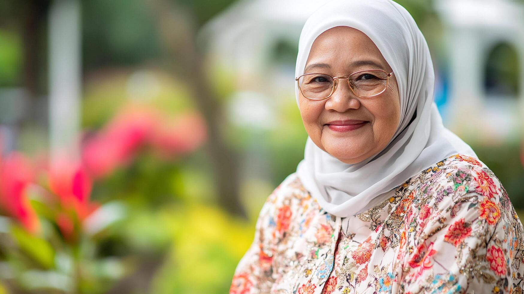A smiling woman in a hijab, wearing glasses and a floral top, exudes warmth and grace in a garden setting. Her serene presence is captivating. photo