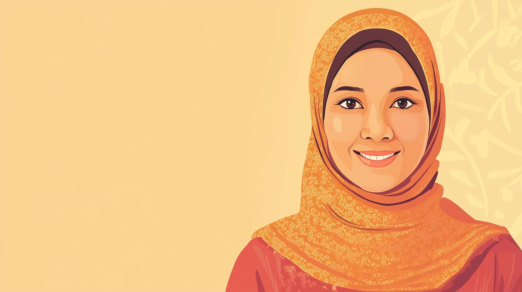 Portrait of a smiling woman wearing a traditional headscarf, symbolizing cultural identity and serenity with a backdrop of floral pattern. photo