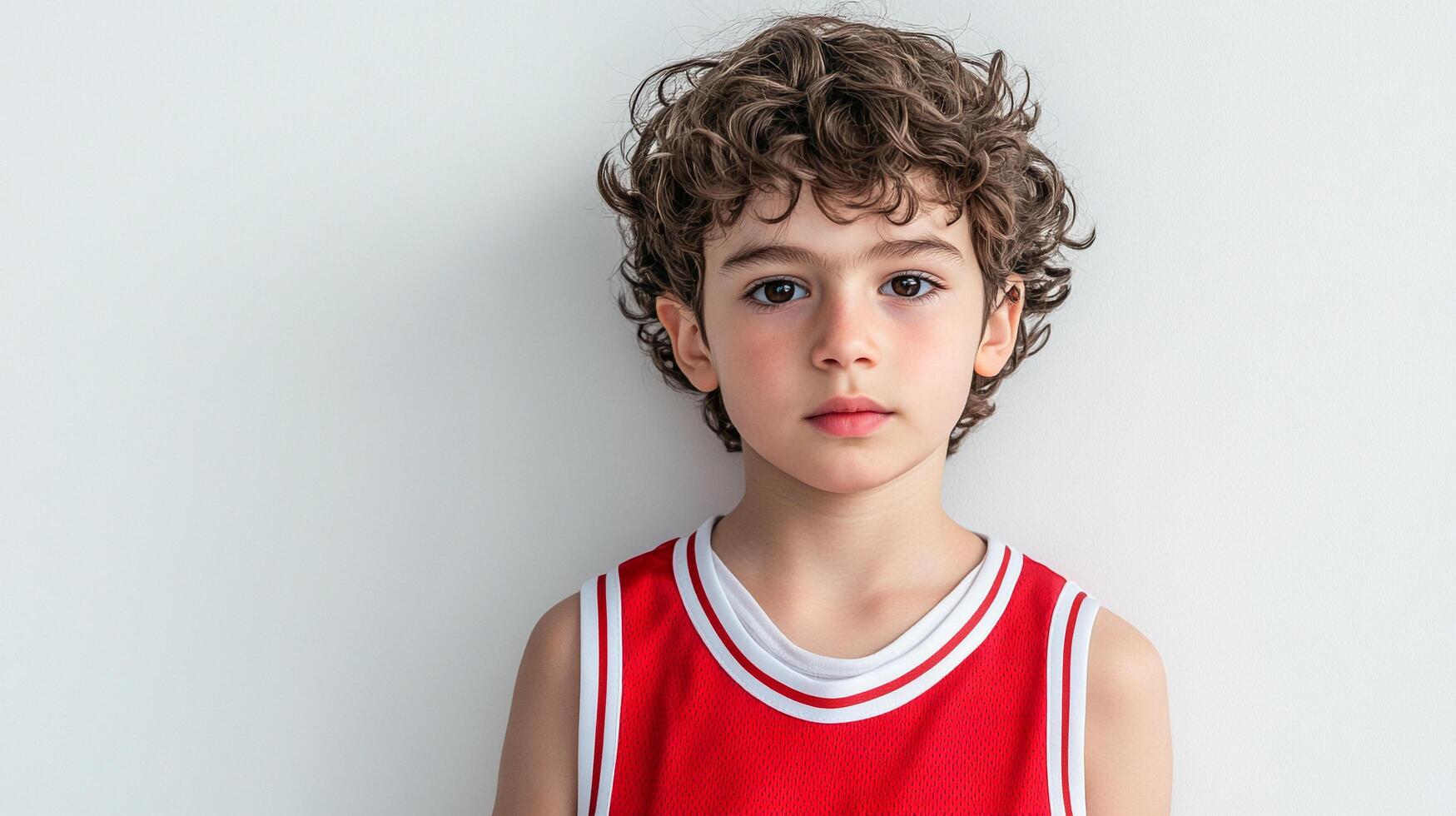 Young boy with curly brown hair, wearing a red and white sports tank top against a simple backdrop. He's looking directly at the camera. photo