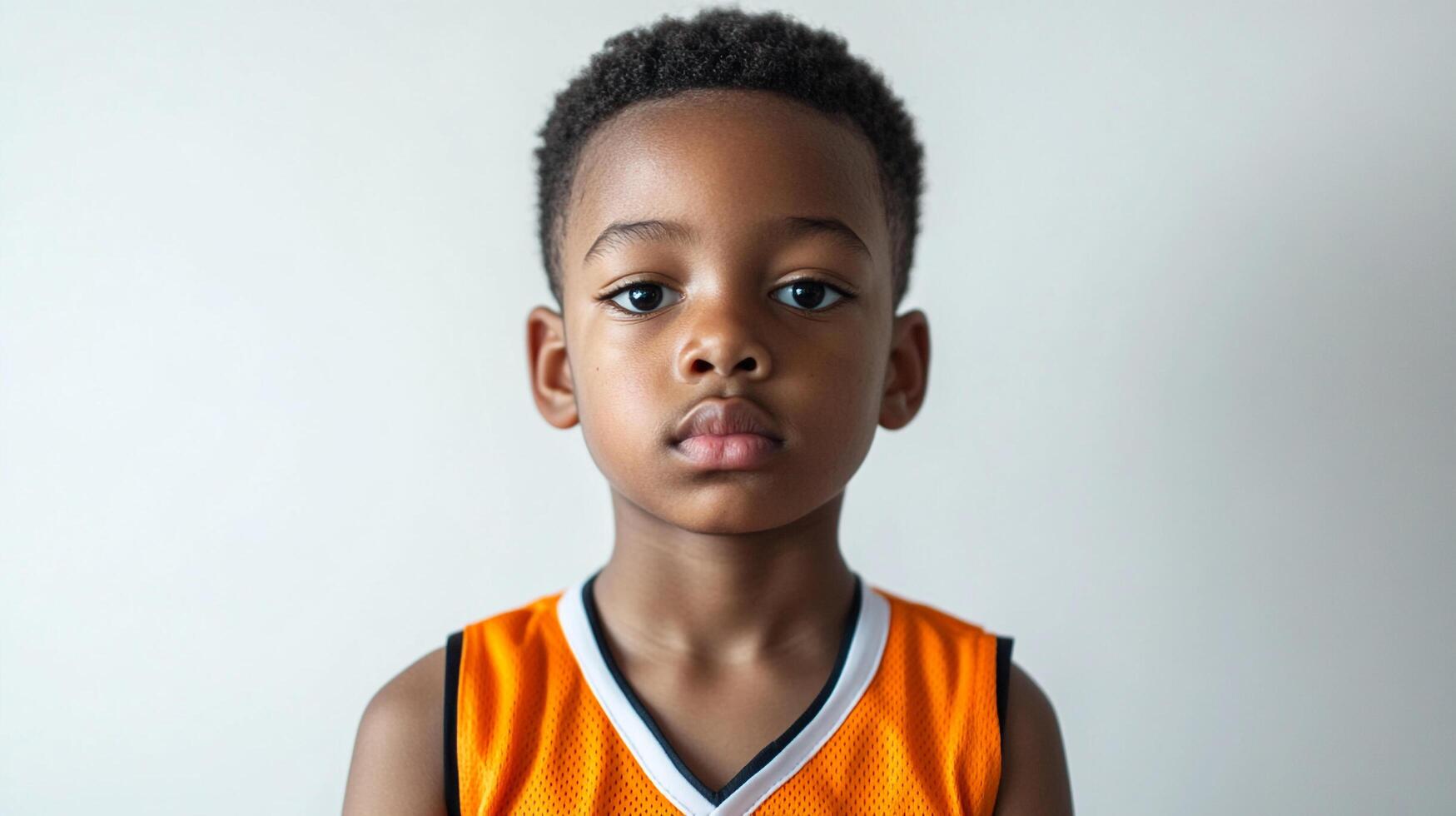 A young boy wearing a sporty orange jersey poses for a portrait, radiating confidence and youthful energy against a plain backdrop. photo