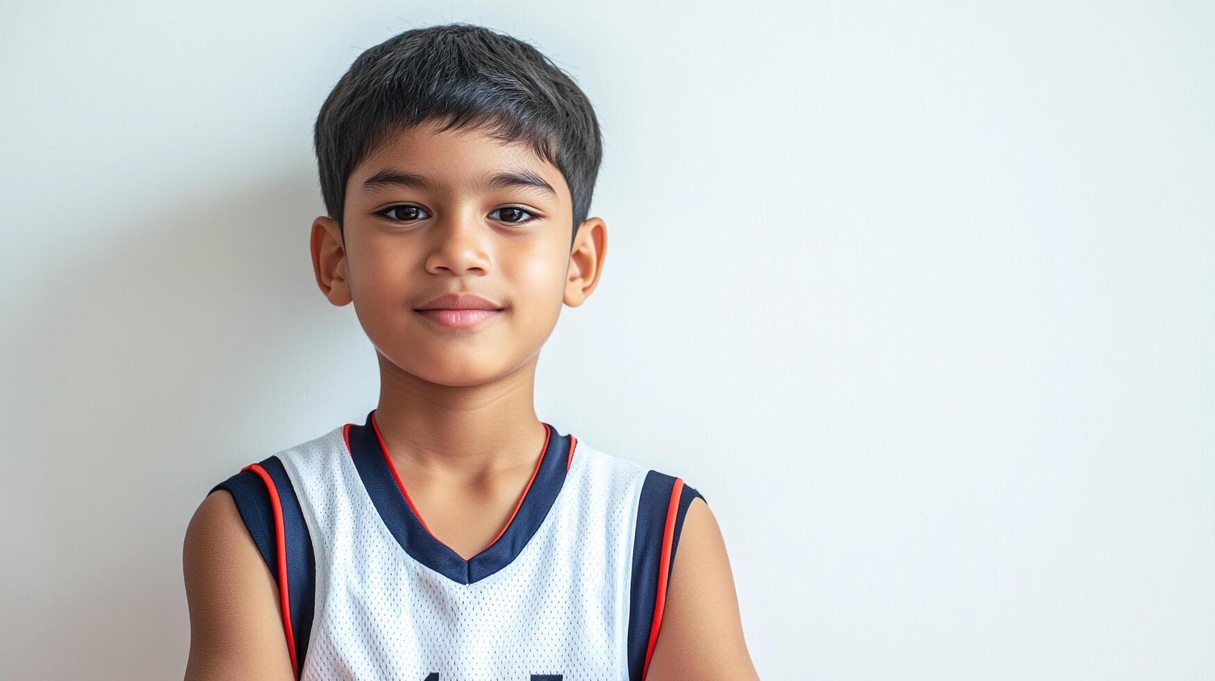 A young boy with a gentle smile, his eyes sparkling with warmth, wearing a sporty jersey against a plain backdrop, radiating youthful innocence. photo