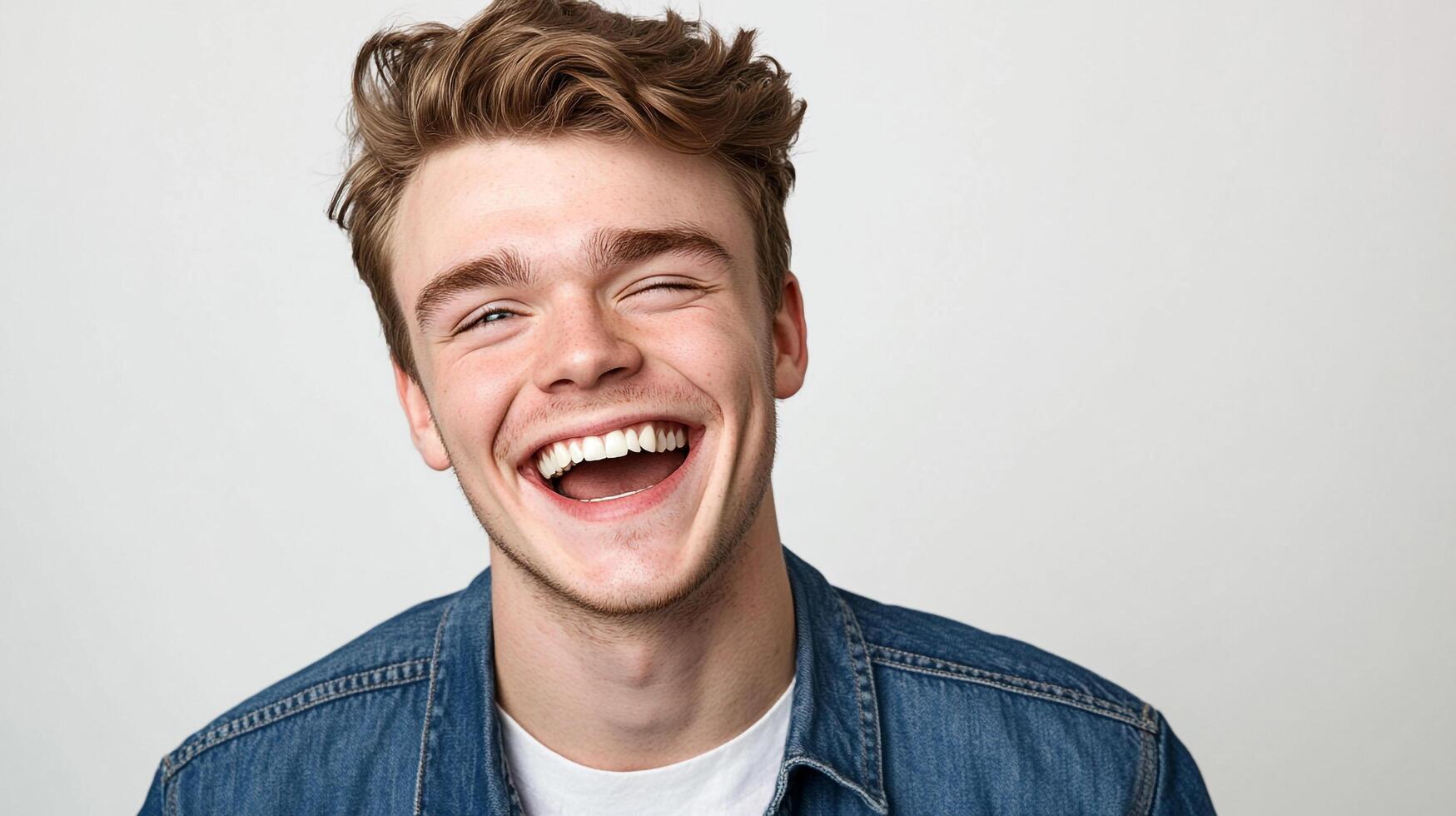 Man with joyful expression, eyes closed, and broad smile on a plain background. Natural skin and wearing a blue denim jacket. photo