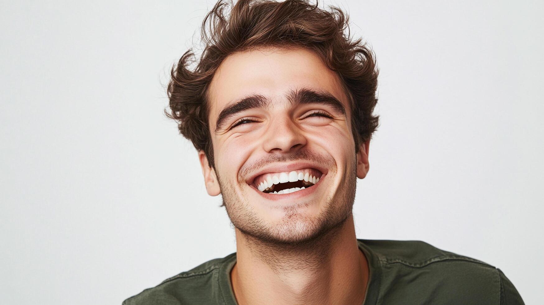 Portrait of a happy young man with curly hair laughing heartily against a bright white background. He's wearing a simple shirt. photo