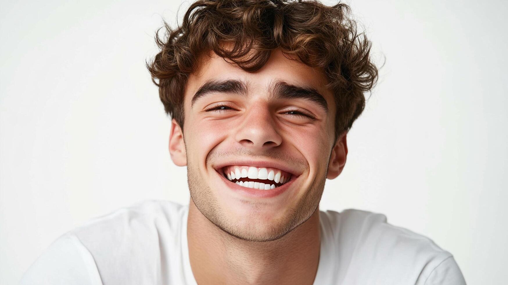 Joyful young man with curly hair and a bright smile. Pure happiness radiates from his expression, captured in a close-up portrait. photo