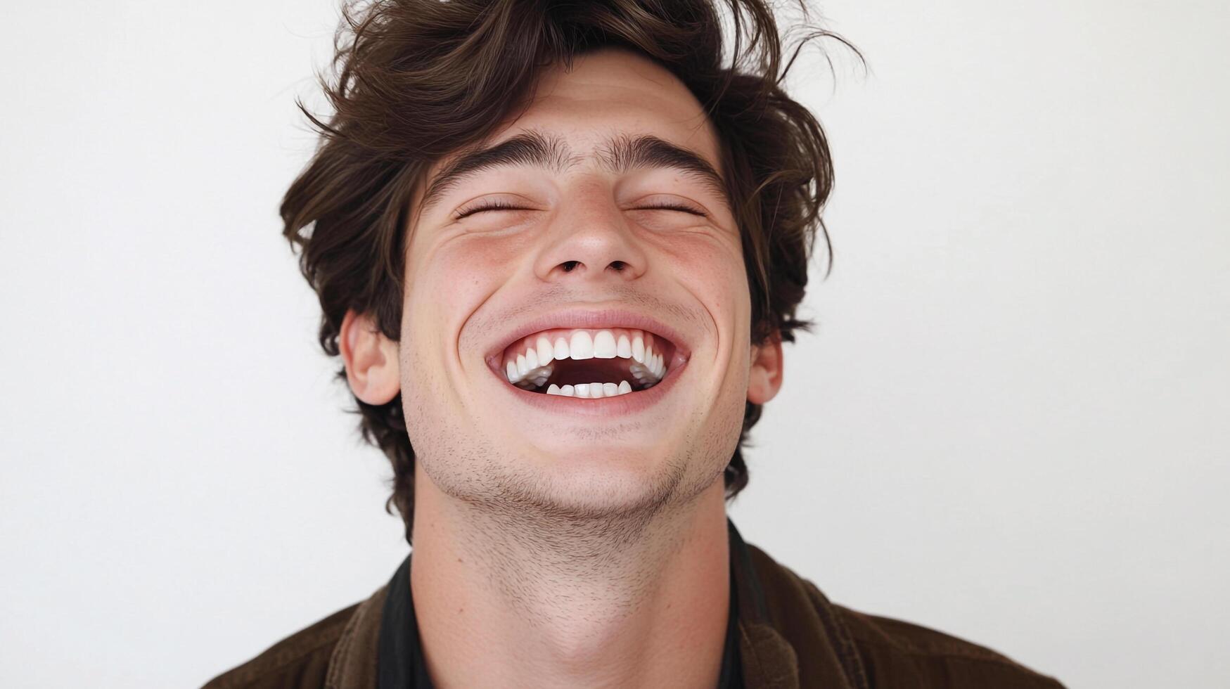 A young man with brown hair and wearing a brown jacket, eyes closed, is smiling brightly and laughing with his mouth wide open. photo