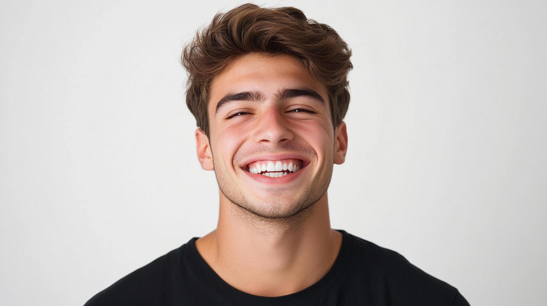 A joyful young man with tousled hair flashes a genuine smile against a plain background, radiating positivity and happiness. photo