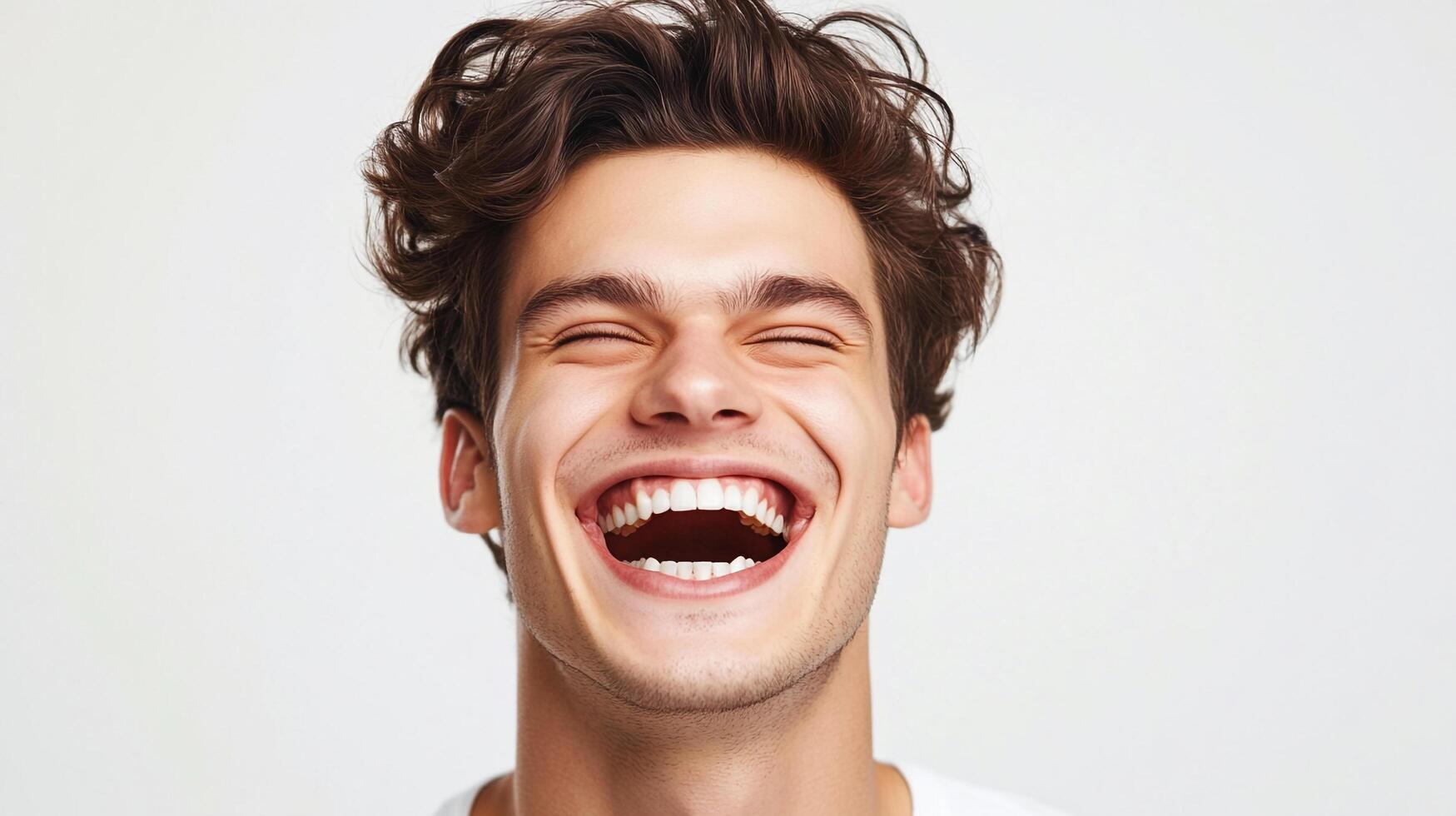 Euphoric laughter fills the air as a young man throws his head back in unrestrained joy, showcasing his infectious grin and carefree spirit. photo
