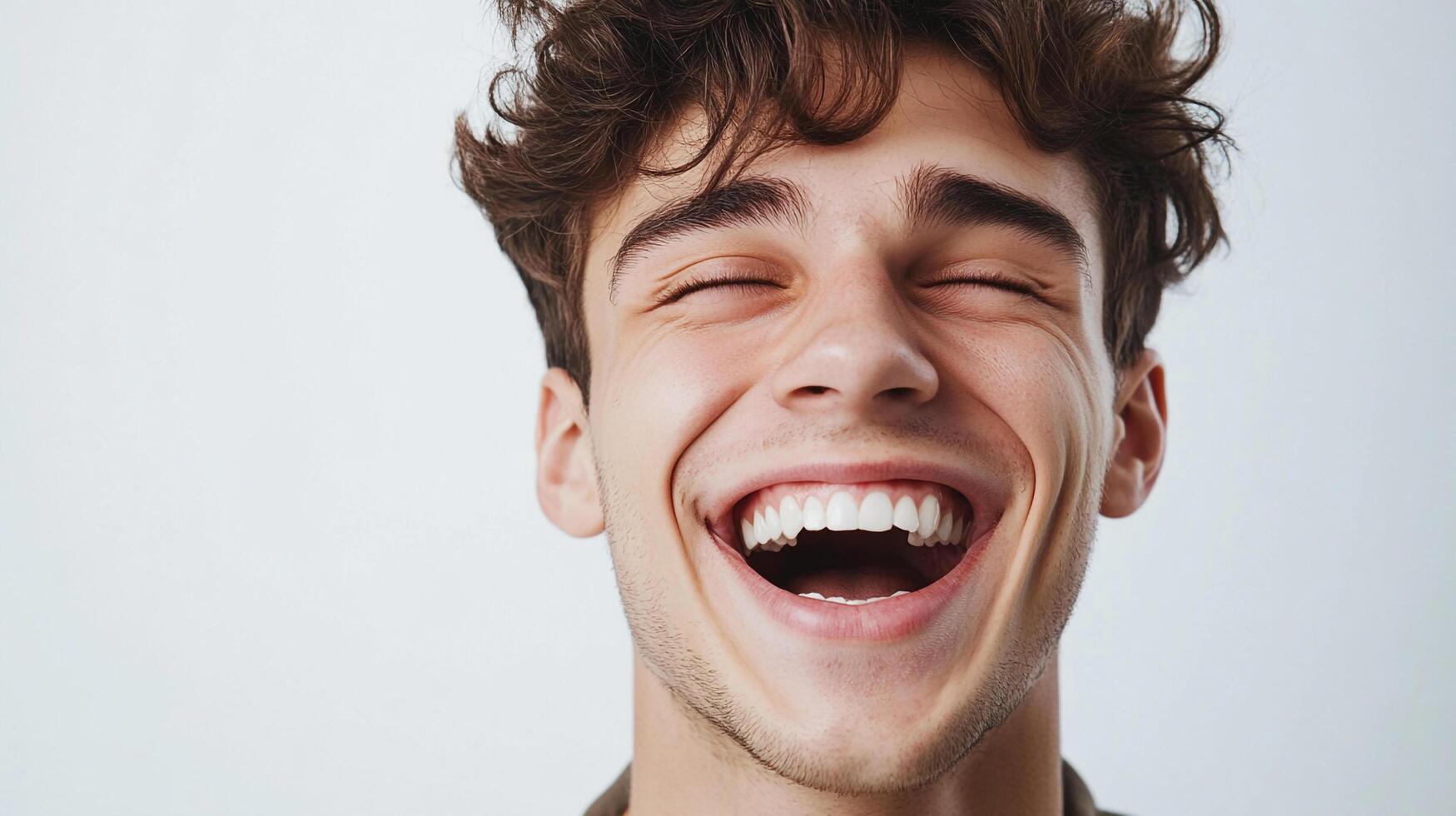 A young man with curly brown hair is bursting with joy, eyes closed, and a wide, radiant smile against a neutral backdrop of white. photo