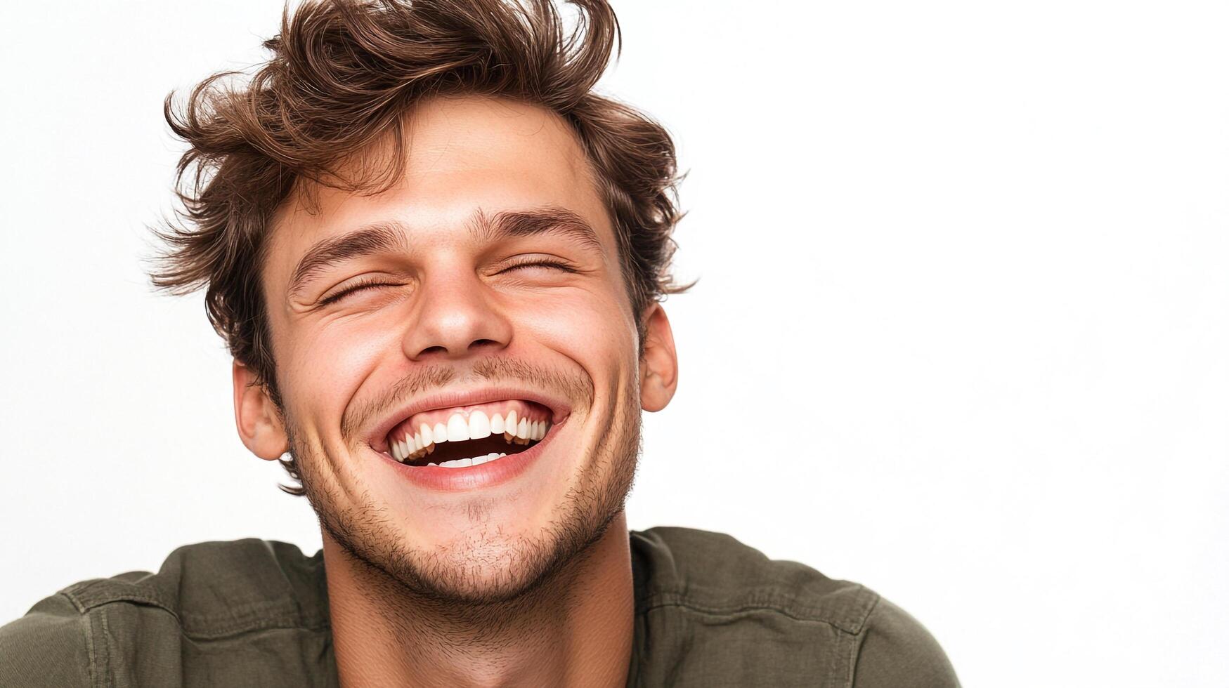 Close-up of a happy, laughing man with messy brown hair against a bright white background, showcasing genuine emotion and radiant smile. photo