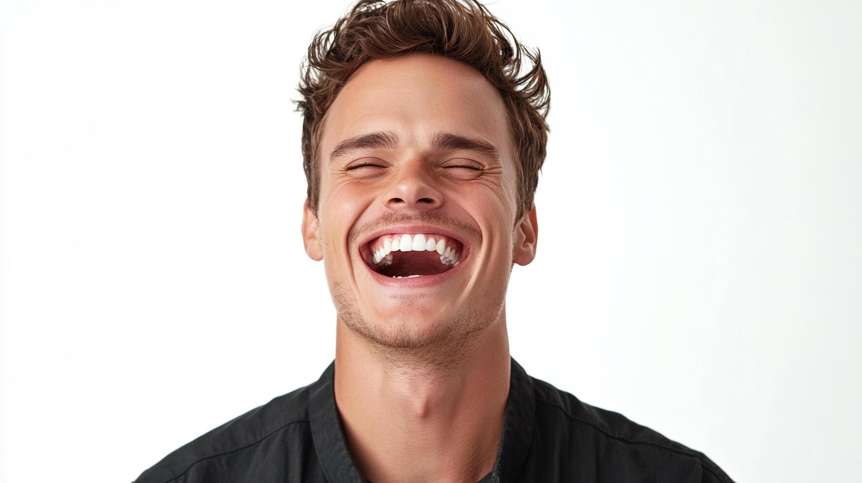 Man with eyes closed and mouth open wide laughs heartily in front of a white backdrop, his dark collared shirt in focus. photo