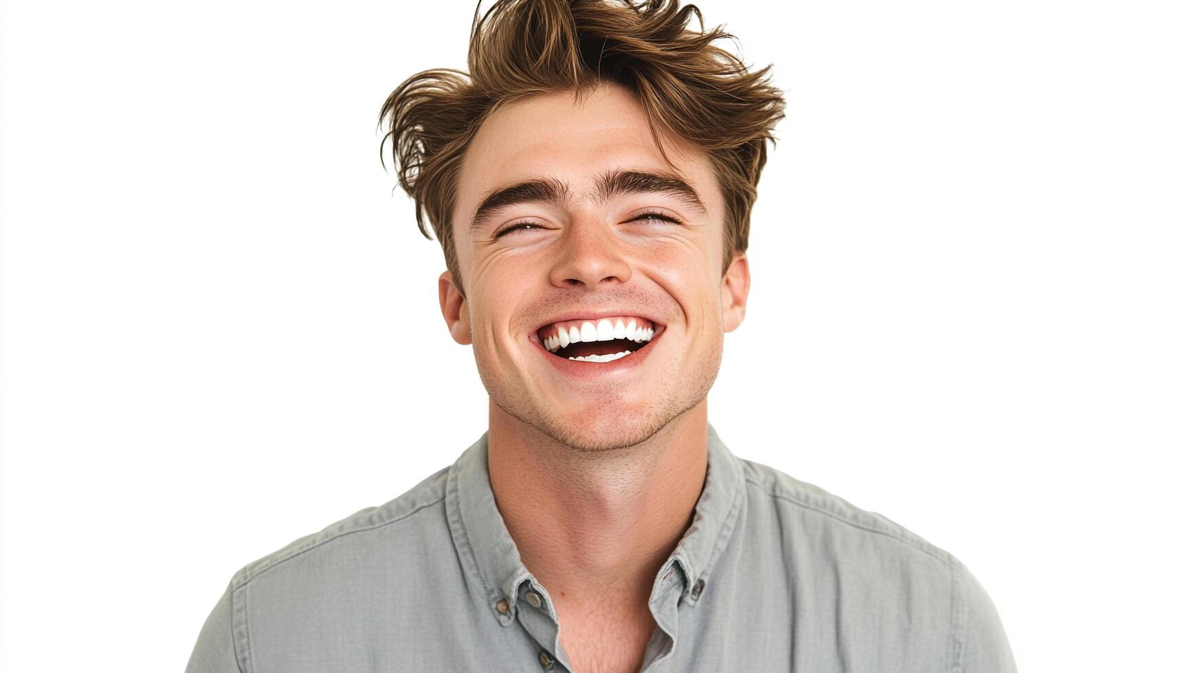 A young man with tousled hair wearing a grey shirt, caught in a moment of genuine laughter, eyes closed, radiant smile. Positive emotion. photo