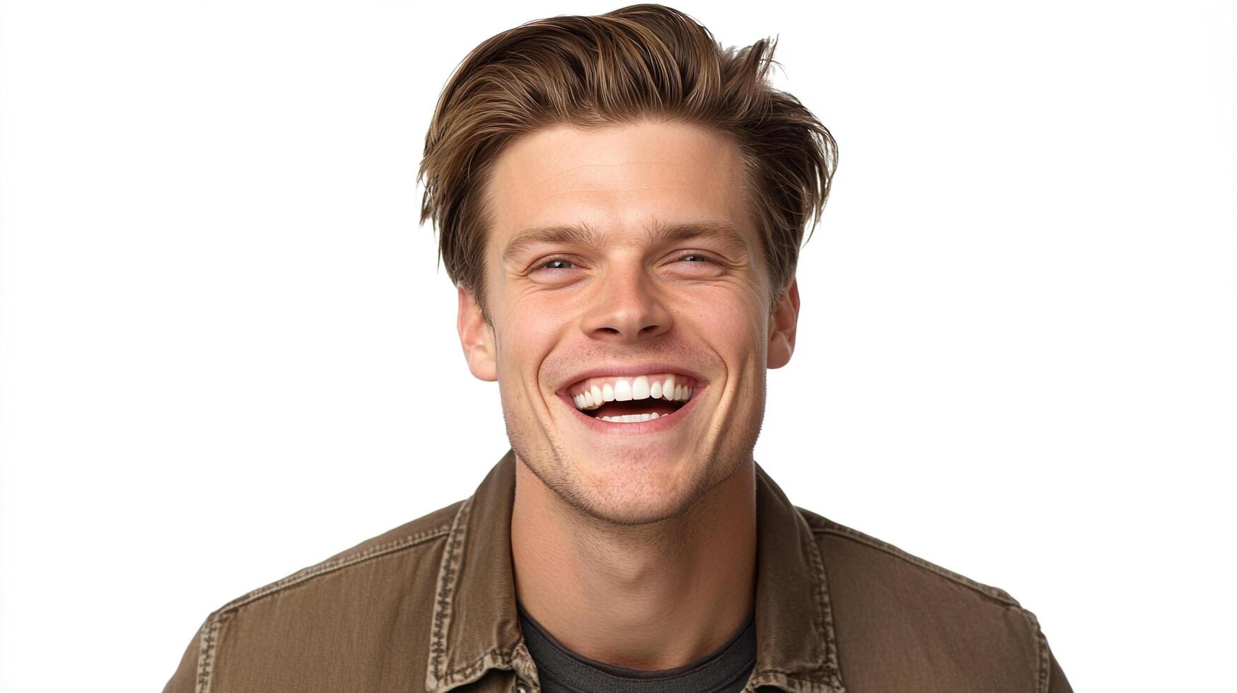 Laughing man with styled hair and a neutral top in front of a white backdrop exudes joy and confidence with a genuine smile. photo