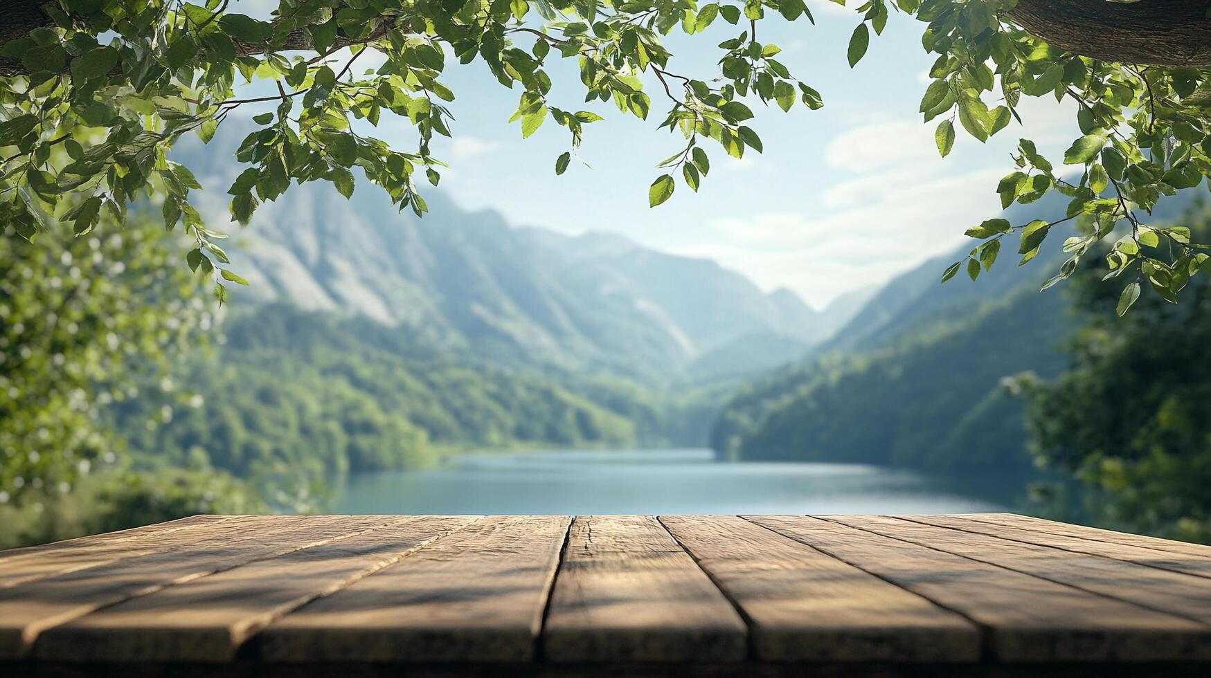 Scenic mountain lake view framed by lush foliage and a rustic wooden platform, evoking tranquility and natural beauty. photo