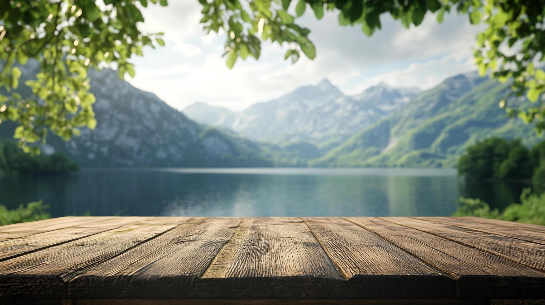Scenic lake view with mountain backdrop, framed by lush greenery and rustic wooden surface. Perfect for nature lovers and photography enthusiasts. photo