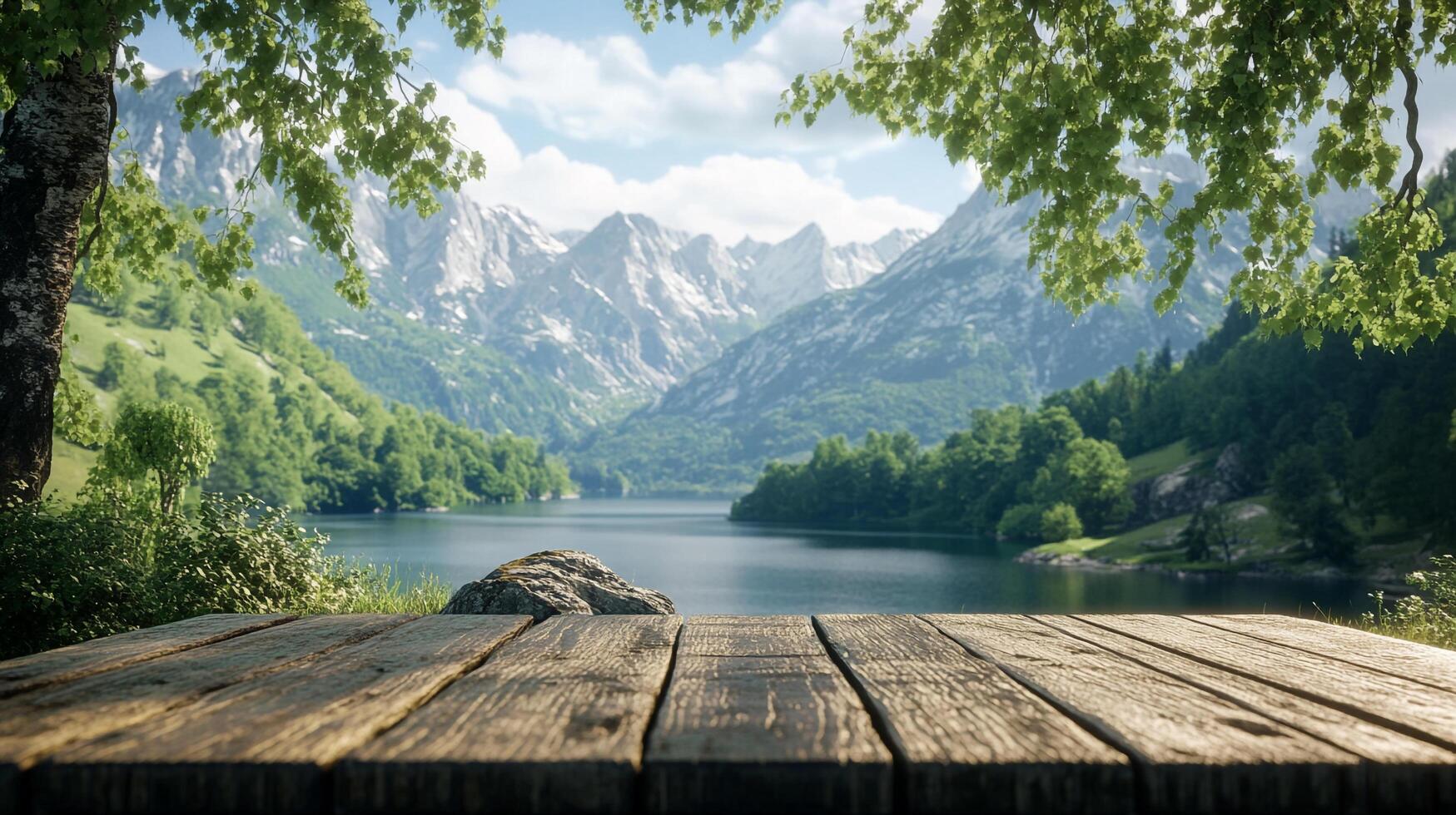 Scenic lake view from a wooden deck, surrounded by lush greenery and majestic mountains, offering a serene escape into nature's beauty. photo